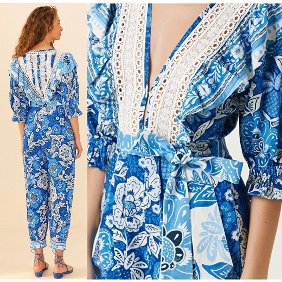 FARM RIO Linen Floral Paisley Puff Sleeve Ruffle Lace V-Neck Tie Belt Jumpsuit S - Picture 11 of 16